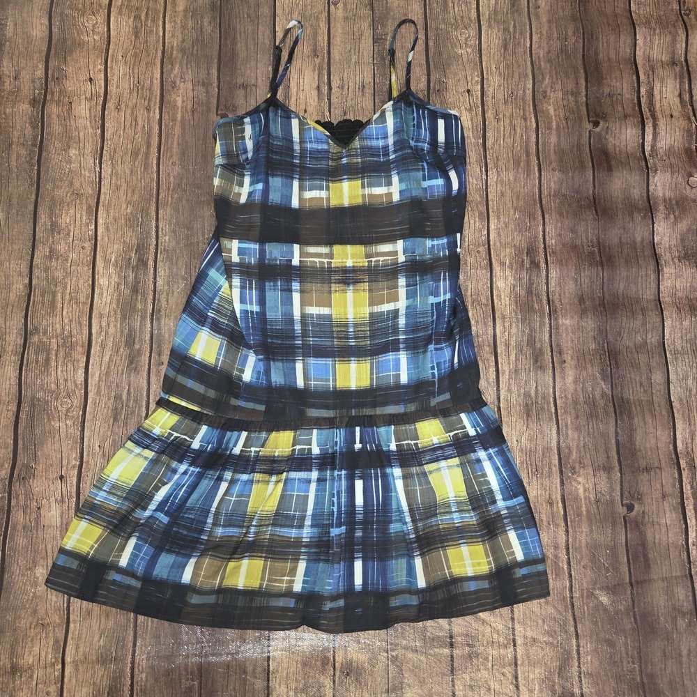 Trina Turk Maryiah Drop Waist Slip Dress Women 6 Blue Plaid Whimsigoth Y2K Indie